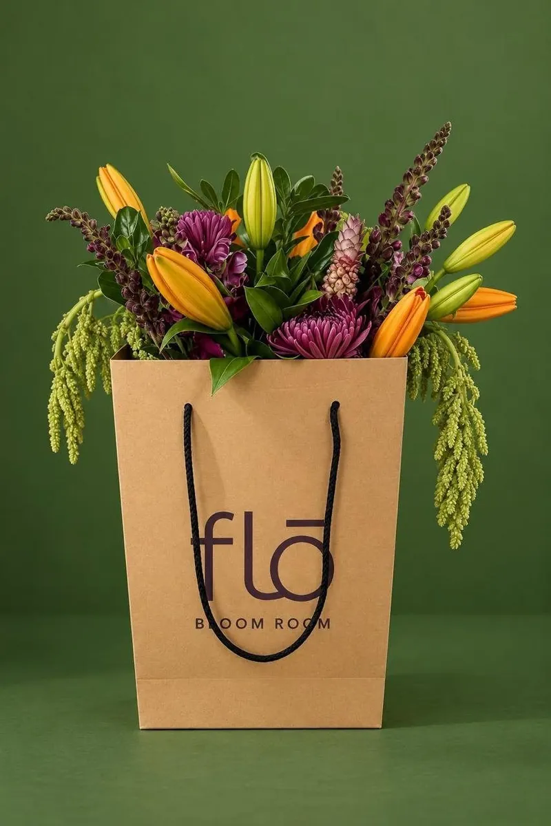 Bolsa kraft de FLŌ con lirios y flores de temporada sobre fondo verde