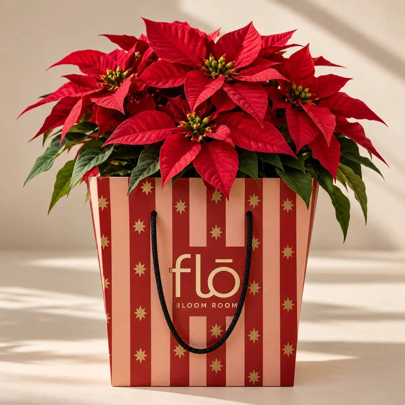 Bolsa de FLŌ a rayas rojas con estrellas doradas y flores de pascua rojas