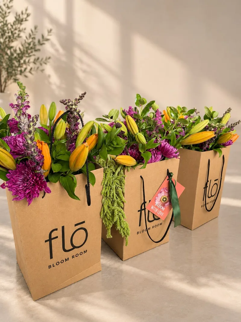 Tres bolsas de cartón de FLŌ con lirios, crisantemos y una tarjeta Bloom with love