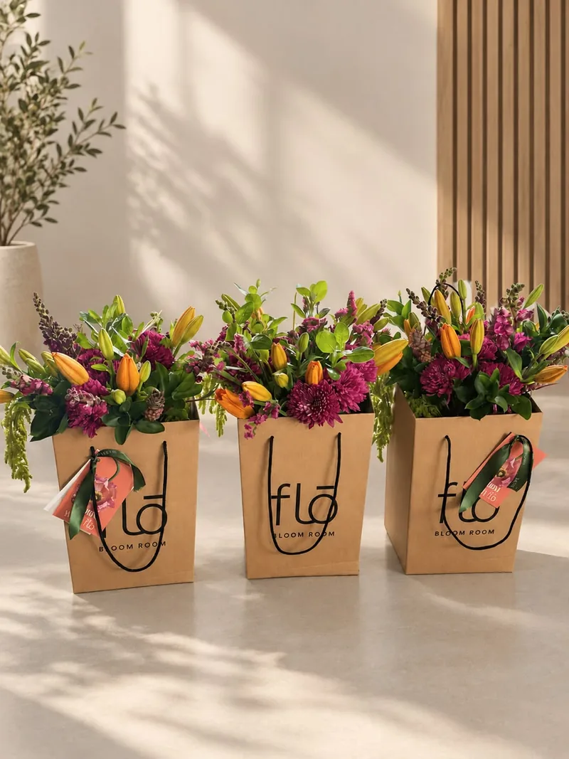 Tres bolsas de FLŌ con lirios y crisantemos a la luz de la tarde