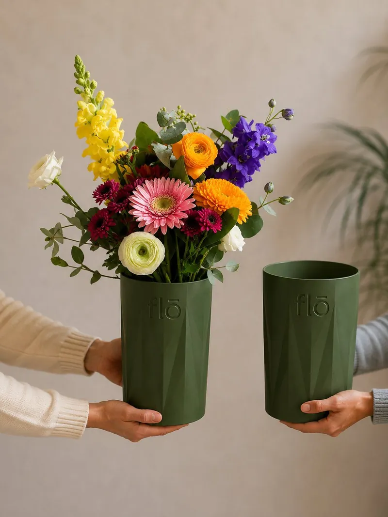 Dos manos entregan jarrones verdes de FLŌ, uno con un arreglo de flores de colores