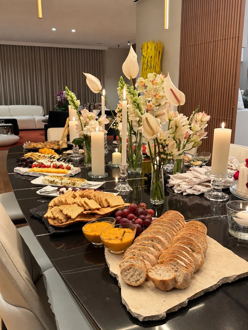 Mesa de pasabocas con anturios, orquídeas, velas blancas y panes
